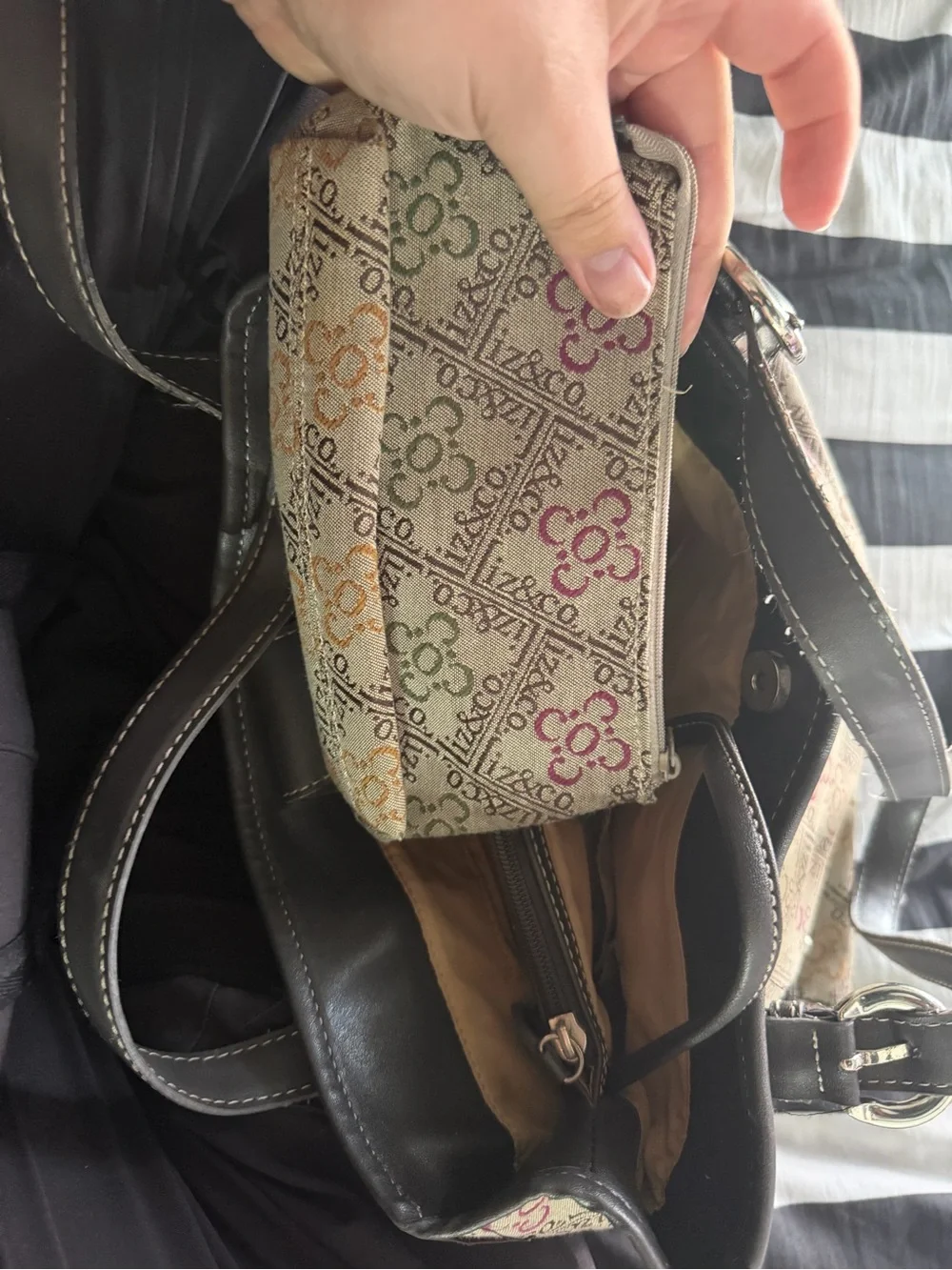 liz & co. Multicolor Pattern Tote with Brown Trim